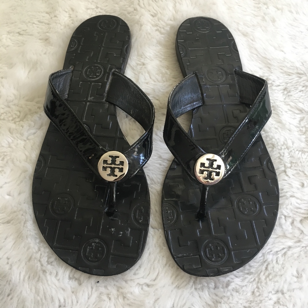 Tory Burch Black Patent Leather Thong Sandals 7